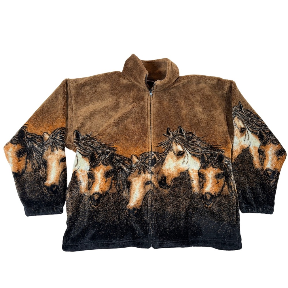 Vintage Mazmania Fleece Jacket Men's XL Wild Horses USA All Over Print Deep Pile